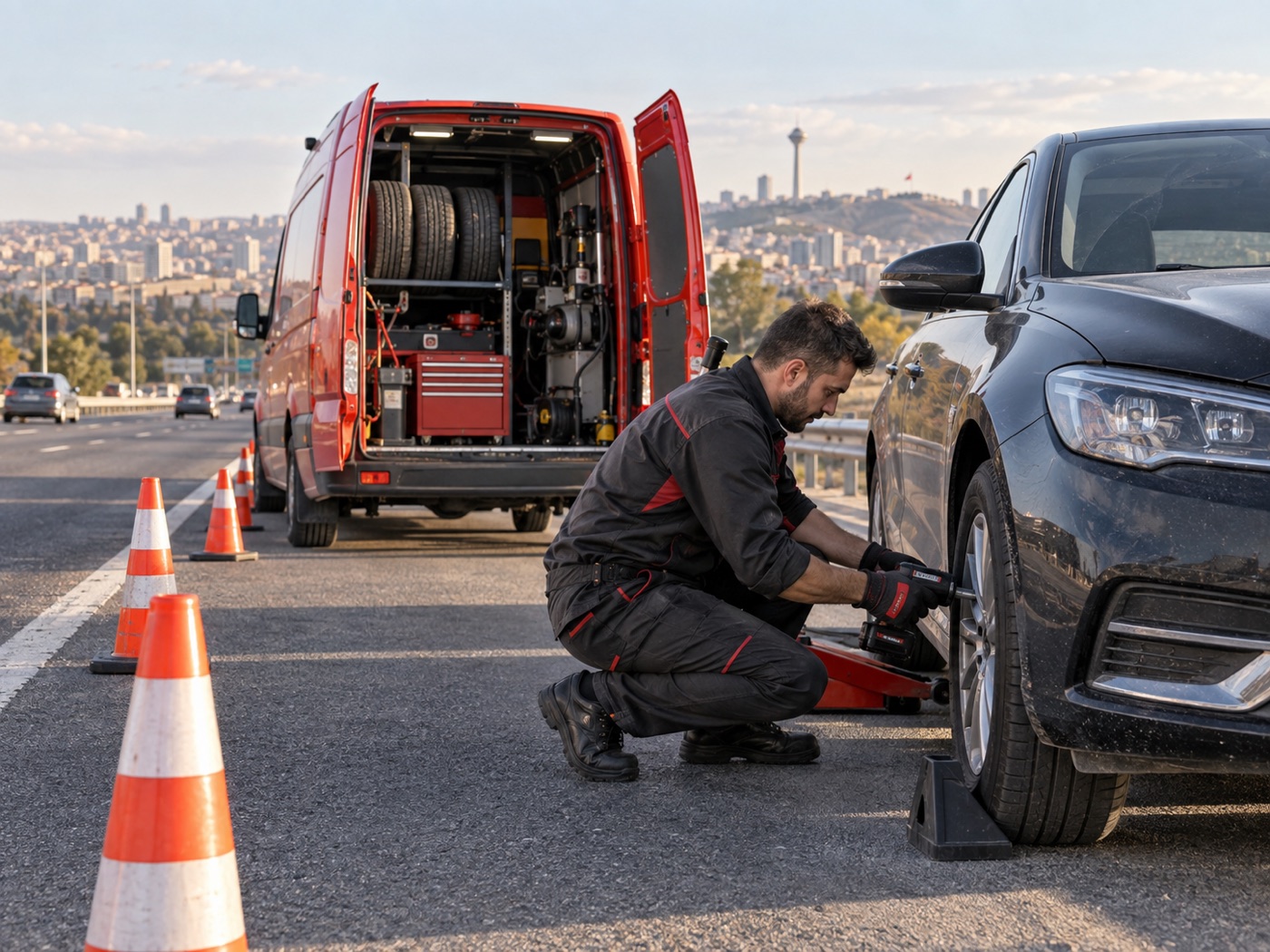 Ankara çevre yolunda mobil lastik yol yardımı veren teknisyen